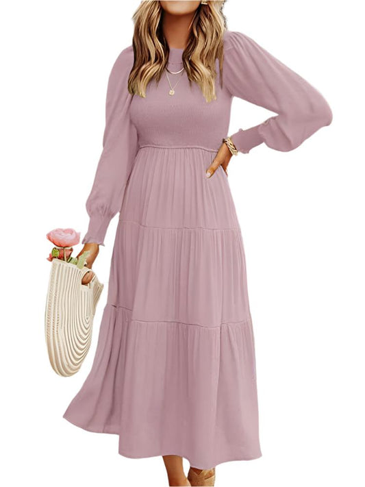 Midi Dress Long Sleeve Plain Charm